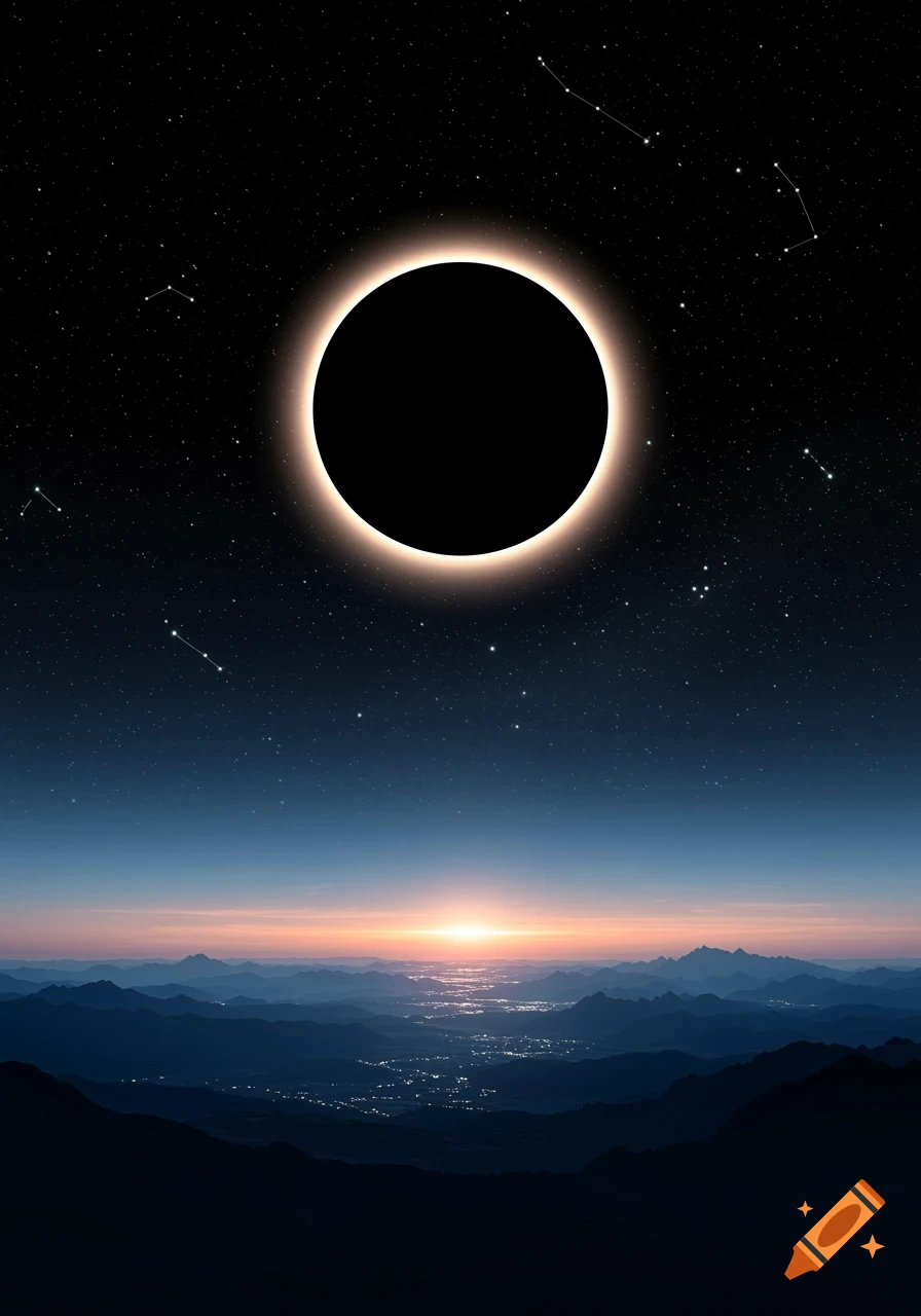 A solar eclipse shines over a starry night sky and a serene mountain landscape with a sunrise over a river.