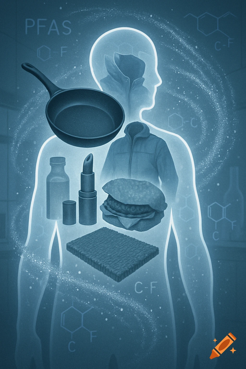 Illustrative blue image of a human silhouette containing various consumer products and chemical structures like PFAS.