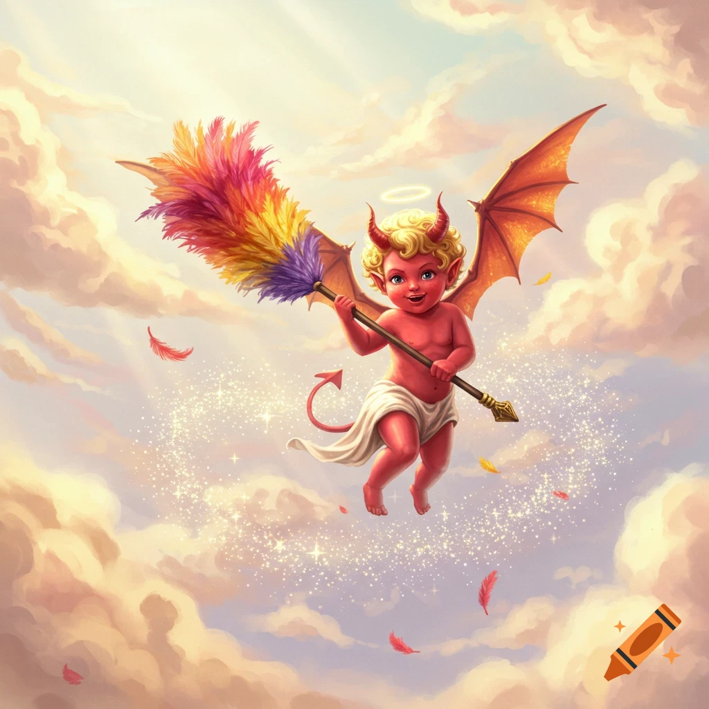 A cute red cherub devil with blonde curls, horns, halo, and bat wings flies through clouds, holding a colorful feather duster.