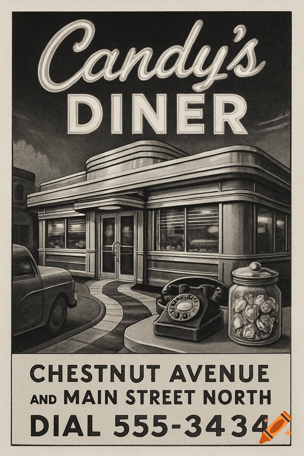 A black and white retro-style newspaper ad for Candy's Diner, featuring the building, a car, a rotary phone, and text.