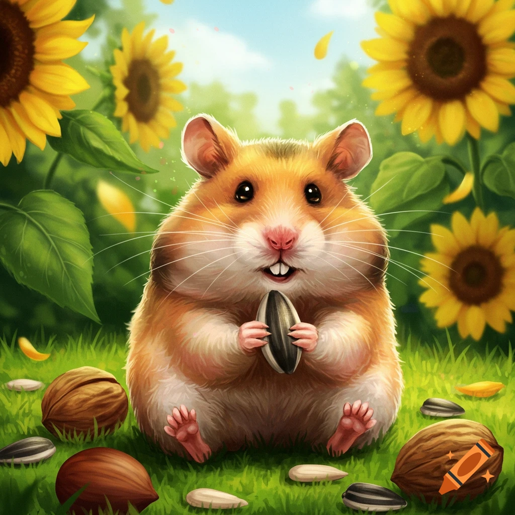 A cute hamster holds a sunflower seed while sitting in green grass, surrounded by sunflowers and nuts.