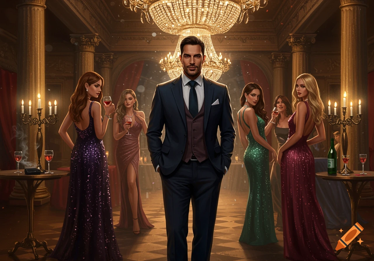 A man in a suit stands center with women in elegant gowns around him in a luxurious, chandelier-lit ballroom.
