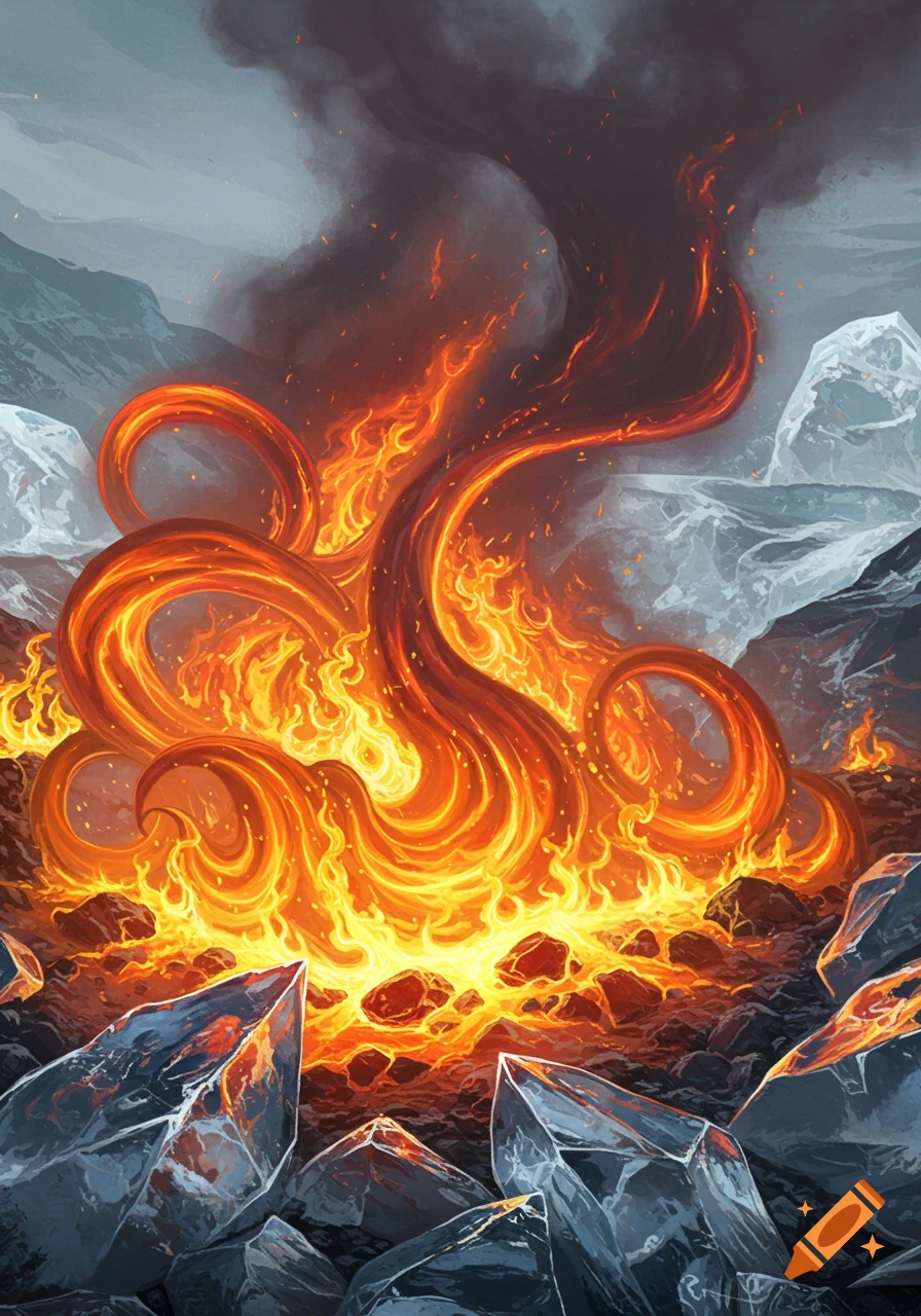 Vibrant digital art depicting swirling orange and red fire emerging from a molten pool, surrounded by jagged blue and white ice crystals in a dark, mountainous landscape.