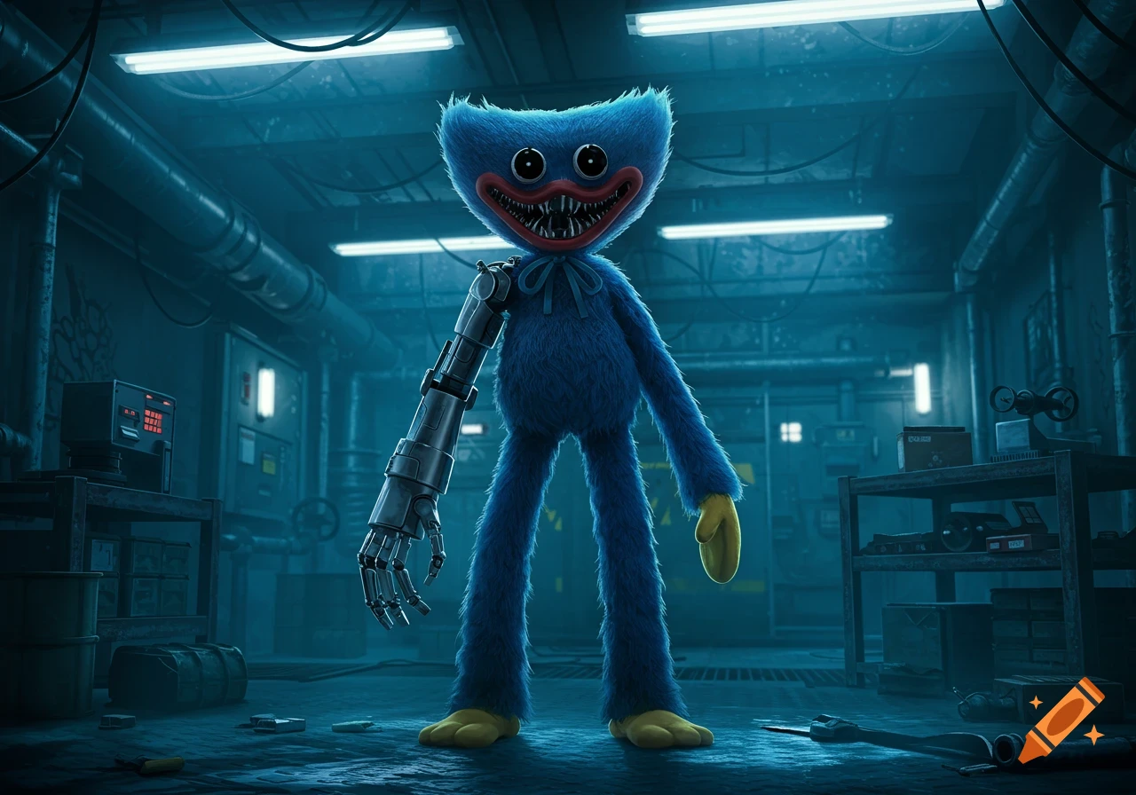 A photorealistic depiction of Huggy Wuggy, a blue furry monster with a wide, toothy grin and a robotic left arm, stands in a dimly lit, industrial workshop.