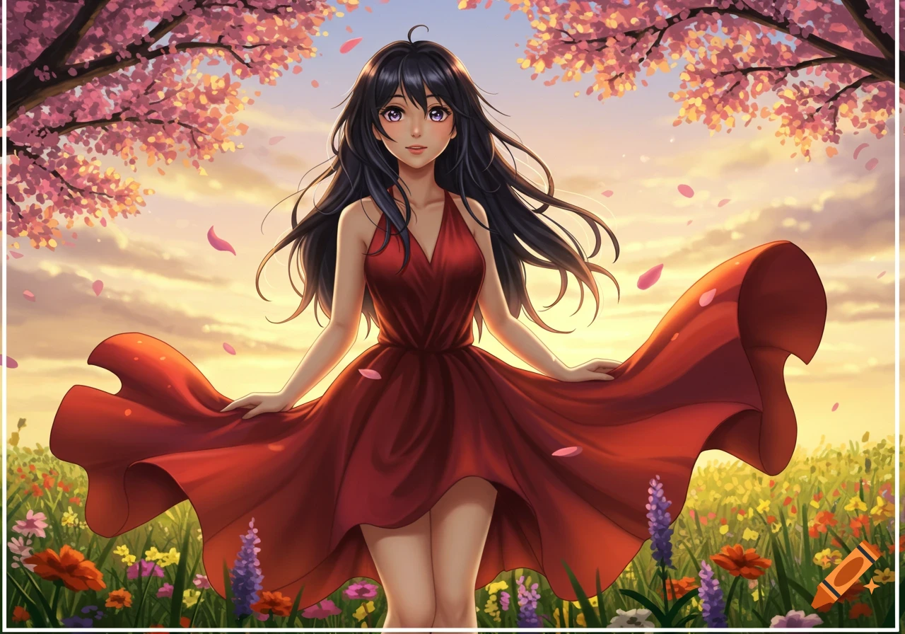 An anime girl in a red dress stands in a field of colorful flowers under cherry blossom trees at sunset.
