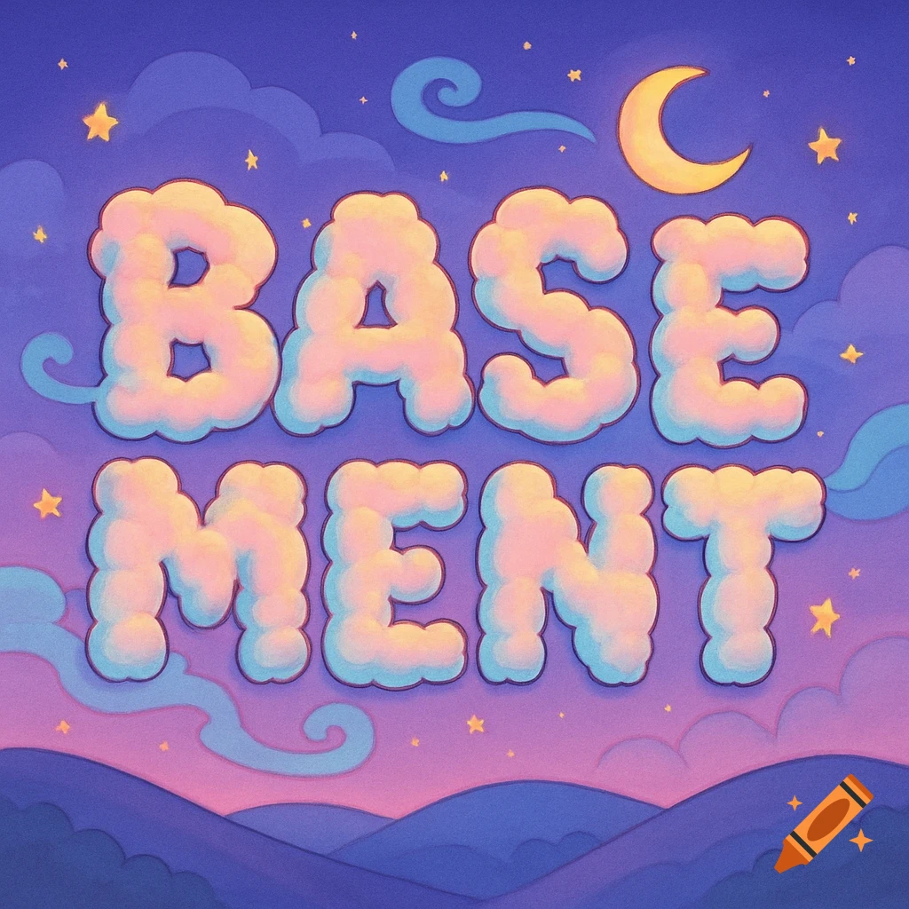 BASEMENT spelled out in fluffy pink and blue cloud letters against a purple night sky with stars and a crescent moon in a cartoon style.