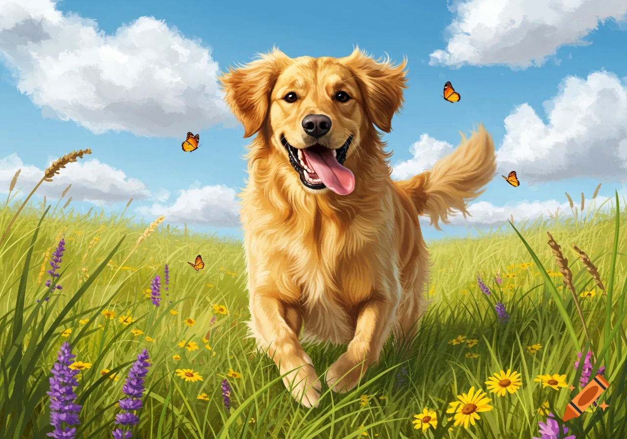 A happy golden retriever runs through a field of green grass and wildflowers under a blue sky with butterflies.