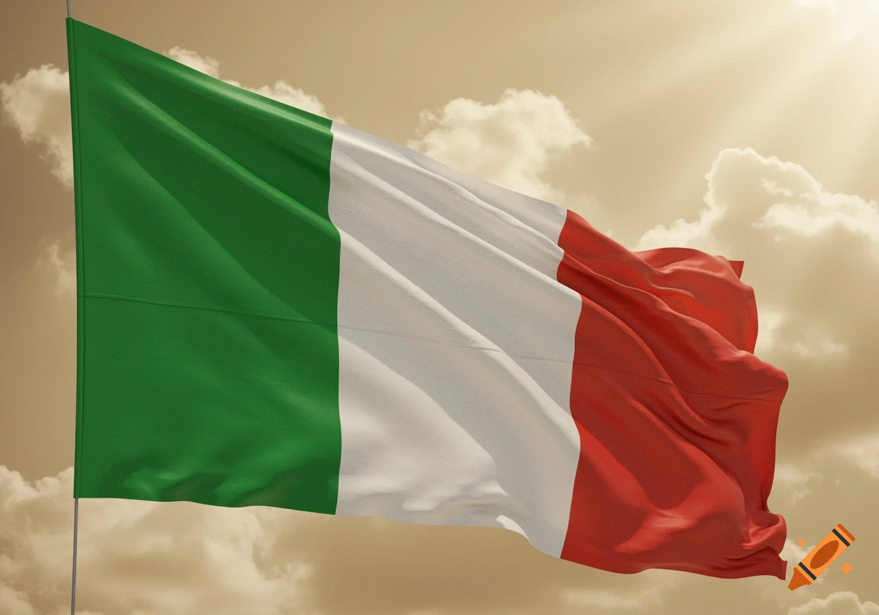 A vibrant Italian flag with green, white, and red vertical stripes waves against a cloudy, sunlit sky in a photorealistic style.