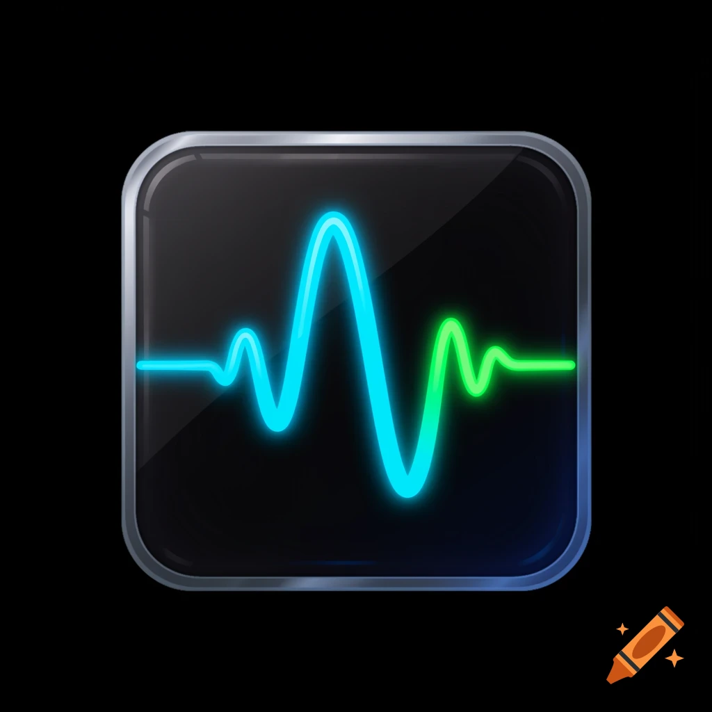An app icon featuring a glowing blue and green sine wave on a dark background within a metallic-framed square.