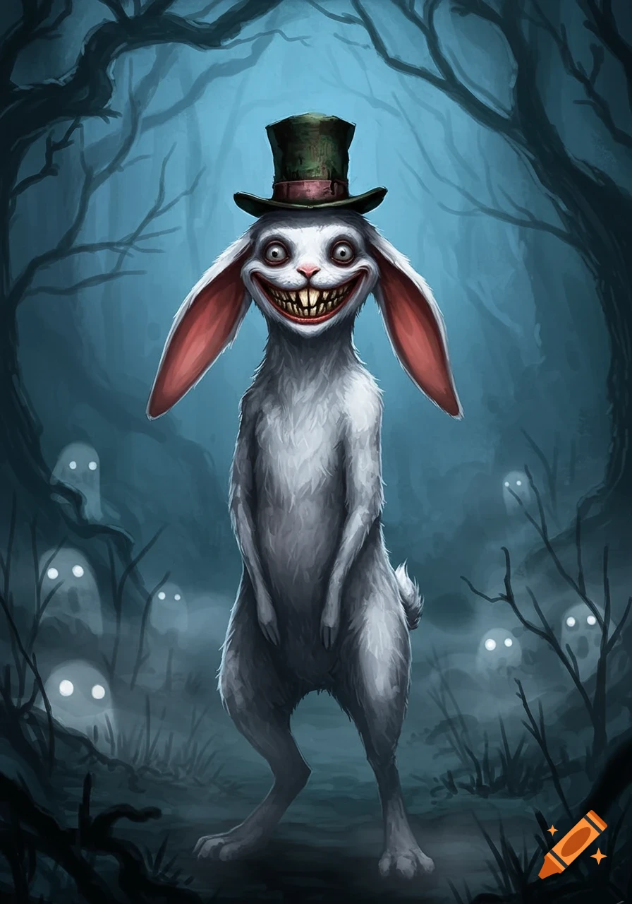 A scary white rabbit creature with a wide, toothy grin and a tipped top hat stands in a dark, misty forest with ghostly figures.