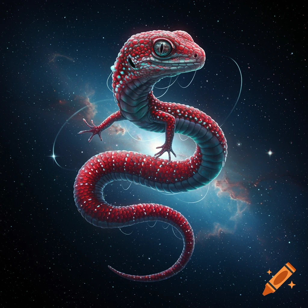 A vibrant red spotted lizard-like creature with green eyes floats coiled in a cosmic starry space.