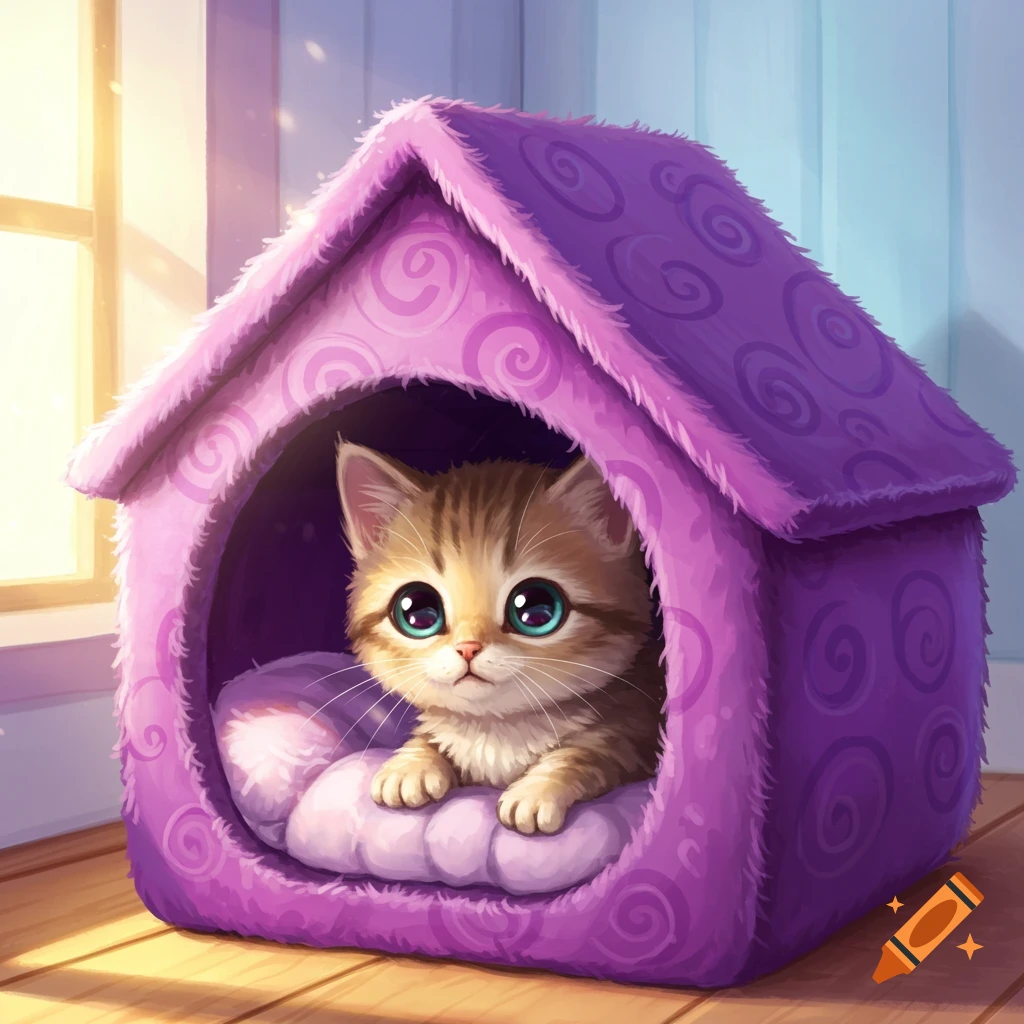 A cute tabby kitten with big blue eyes peeks out from a fluffy purple cat house on a wooden floor, in a bright, stylized illustration.