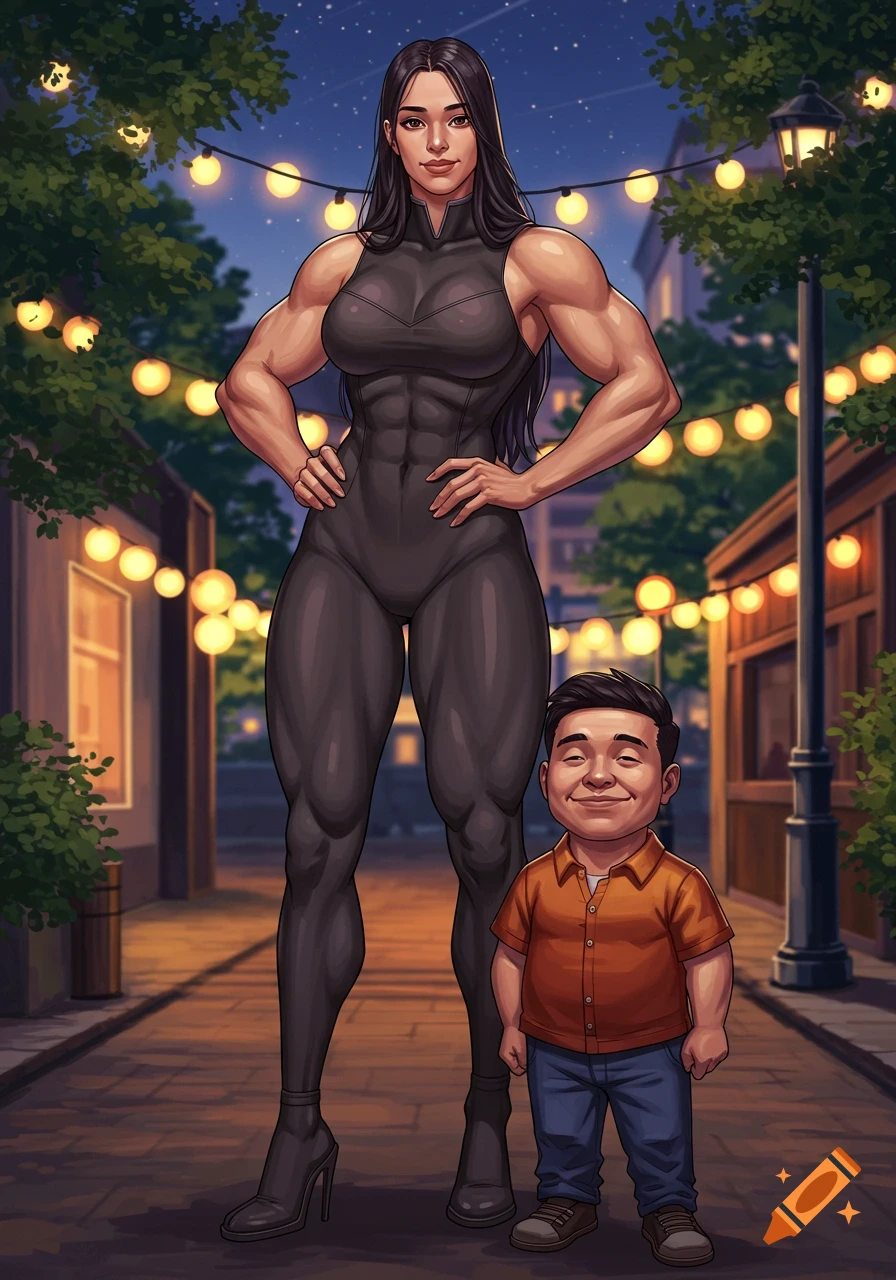 A very tall, muscular woman in a black jumpsuit stands next to a small man on a street at night, with string lights overhead, in a comic art style.