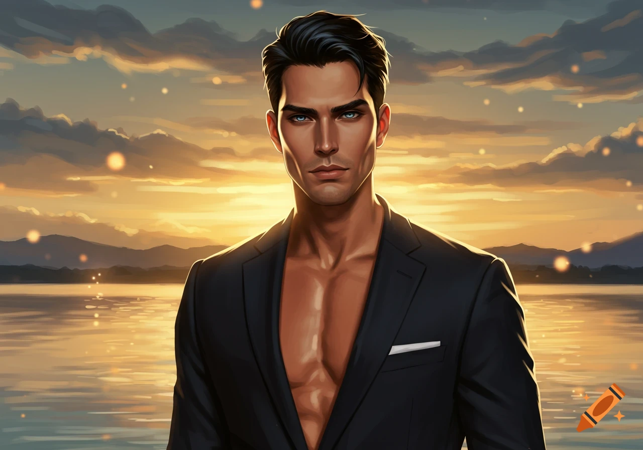 A digital art portrait of a handsome man in an open suit jacket against a sunset over water and mountains.