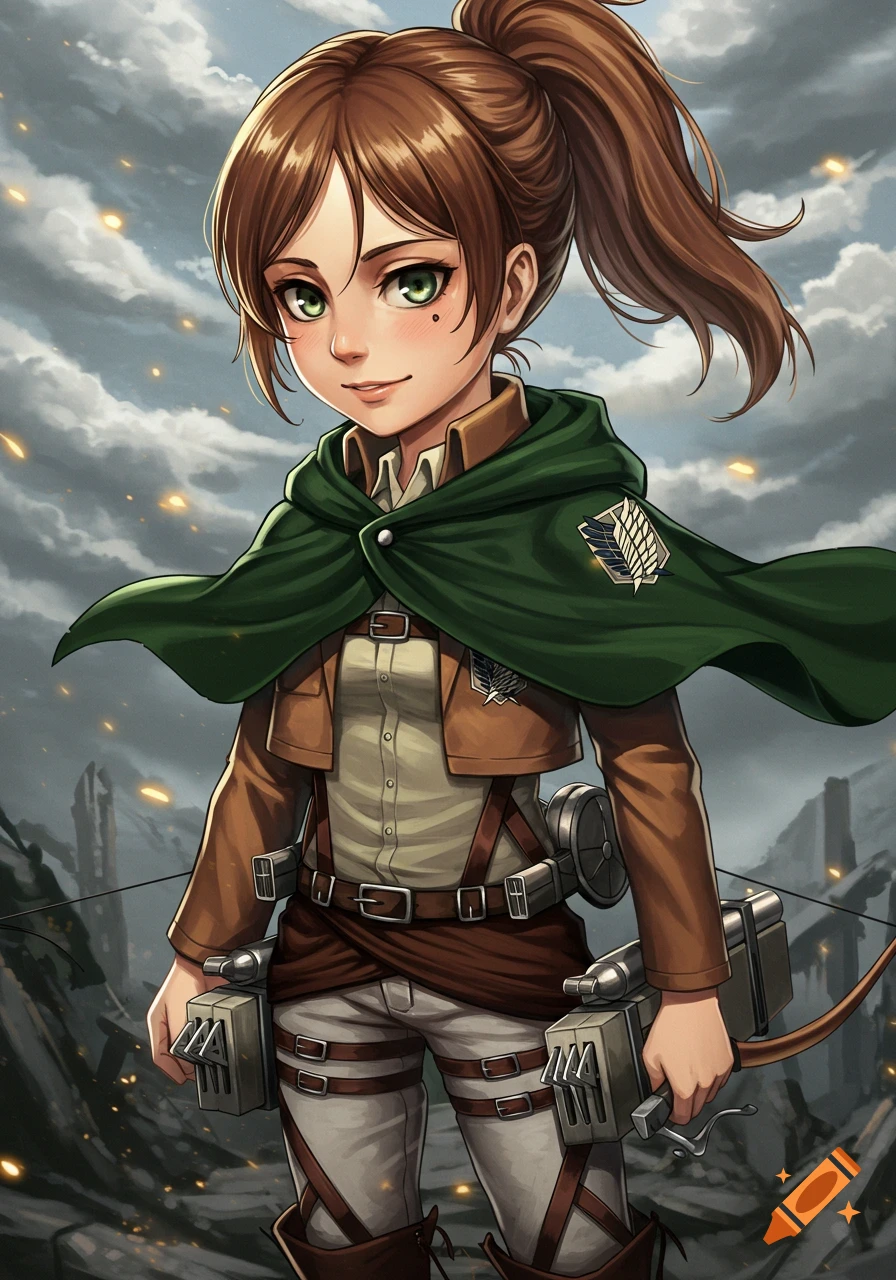 An anime girl resembling Sasha Blouse from Attack on Titan, in a Survey Corps uniform, holds a bow in a ruined landscape under cloudy skies.
