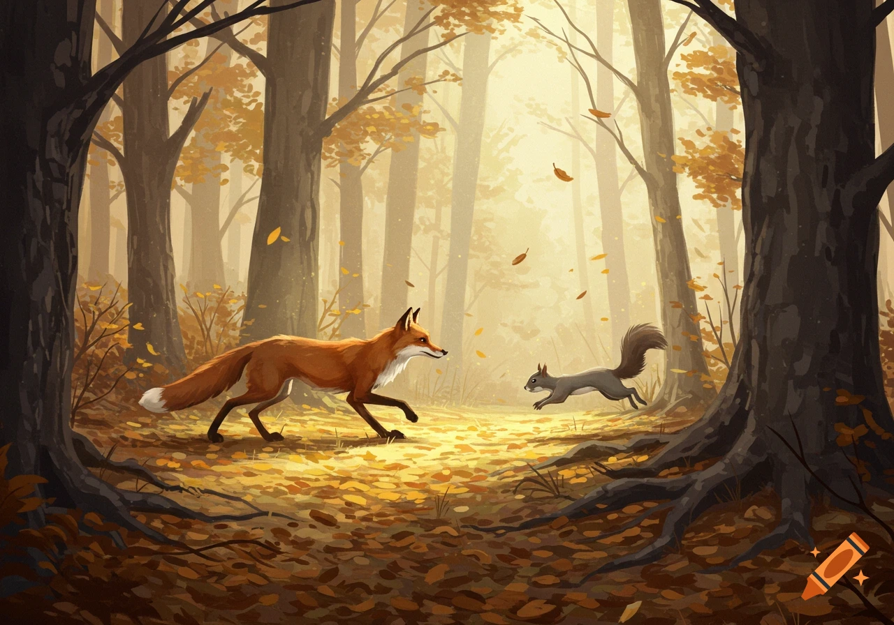 A painterly illustration of a red fox chasing a gray squirrel through an autumn forest with golden leaves.