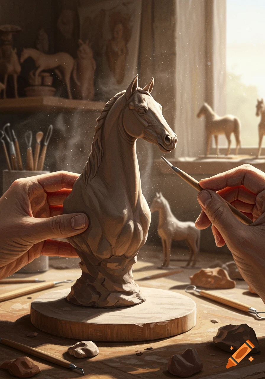 Close-up of hands sculpting a clay horse bust on a wooden stand in a sunlit studio, with other horse sculptures in the background.