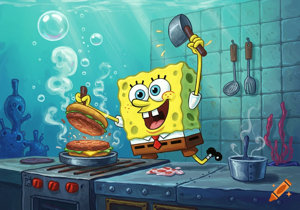 Cartoon SpongeBob SquarePants in an underwater kitchen, happily preparing a hamburger with a mallet.