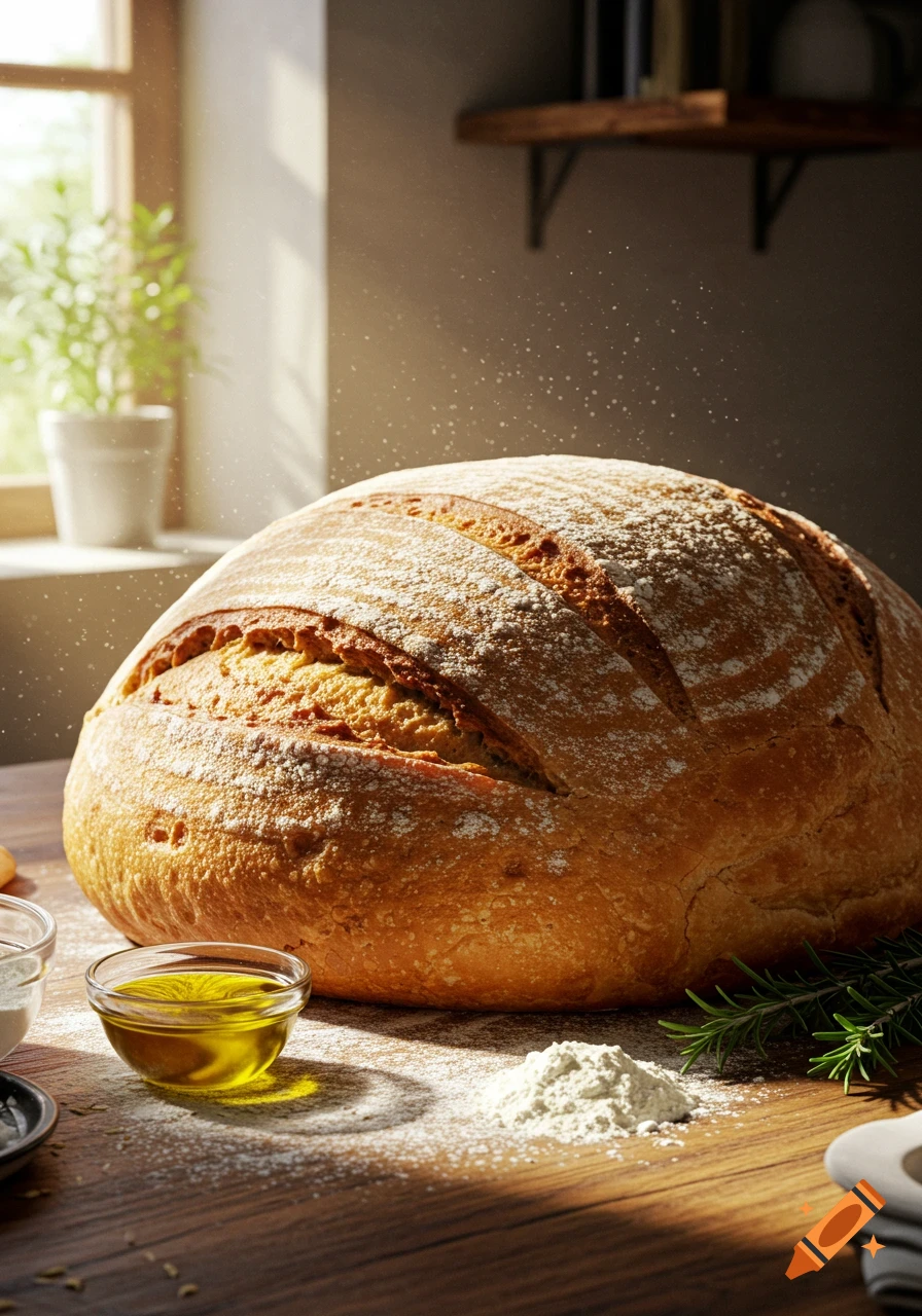 Photorealistic image of a round, flour-dusted loaf of bread on a rustic wooden table with olive oil, flour, and rosemary, illuminated by sunlight.