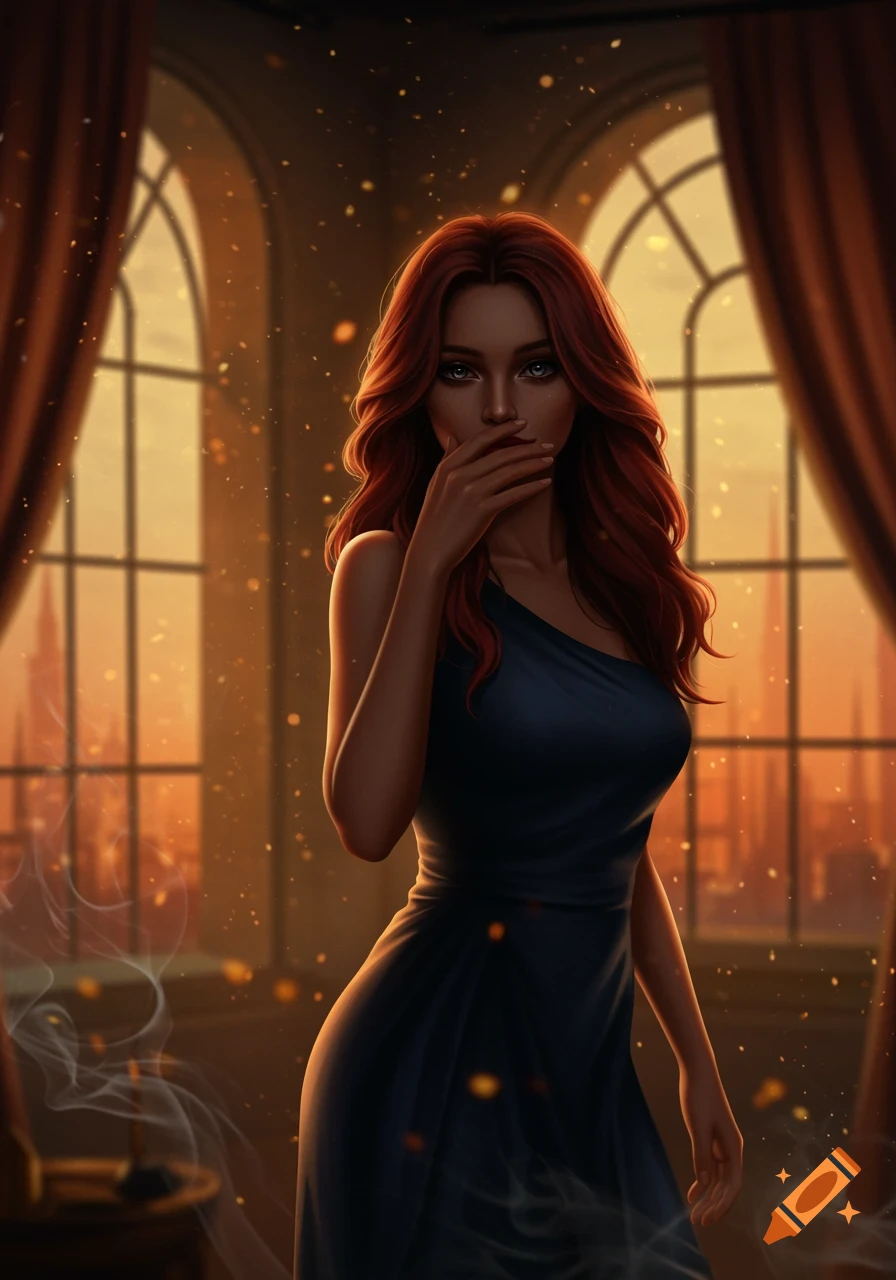Digital art of a woman with long red hair, her hand covering her mouth, standing in front of large arched windows with warm light.