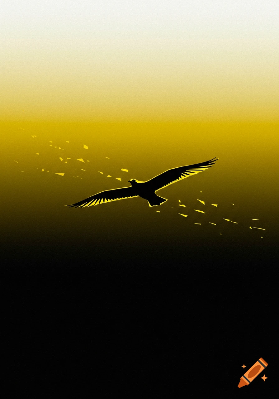 A black bird silhouette flies against a yellow and white gradient background with abstract yellow shards.