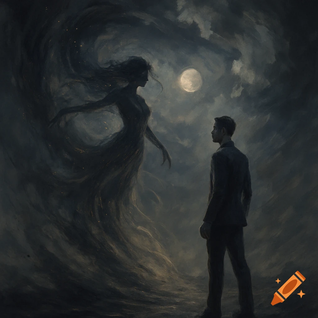 A man faces a swirling, ethereal female figure under a full moon in a dark, moody painterly style.