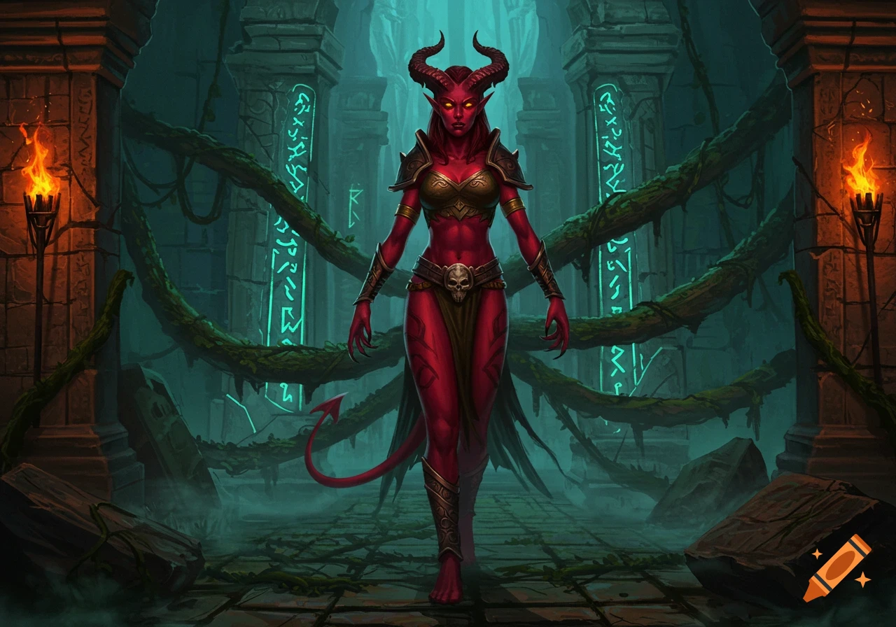 A red-skinned female demon with horns and a tail stands in a dark, ruined temple with glowing runes and torches.