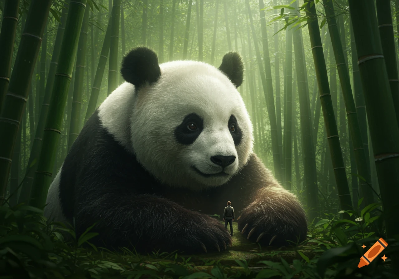 A giant photorealistic panda sits in a lush bamboo forest, looking down at a tiny man standing before it.