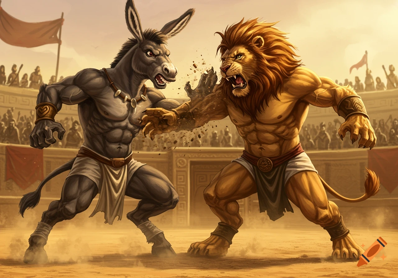 A humanoid donkey and a humanoid lion fight fiercely in a gladiatorial arena, striking each other.