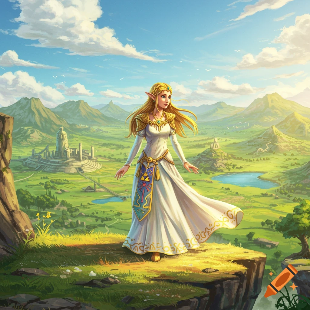 A fantasy illustration of Princess Zelda in a white dress standing on a cliff overlooking a vast green valley with mountains and a castle.