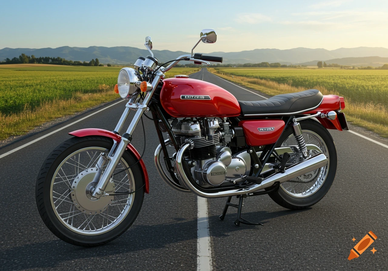 A bright red 1970s motorcycle with shiny chrome accents parked on a paved road with a white center line, surrounded by green fields and mountains under a clear sky.