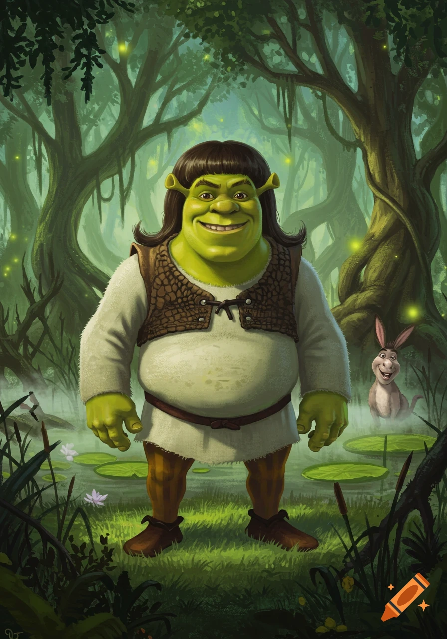 Shrek with a mullet and Donkey in a lush, green swamp with fireflies.