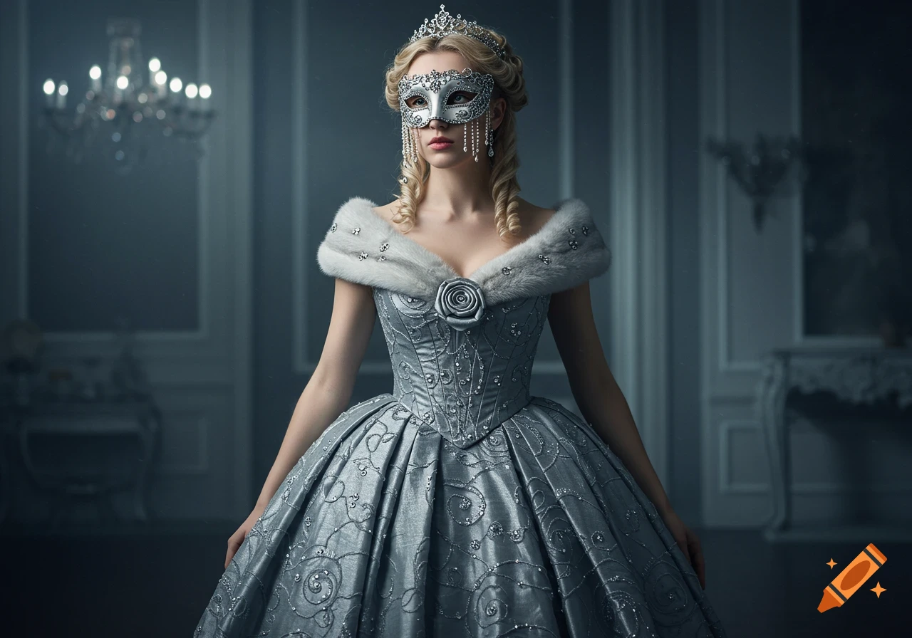 A woman in a silver ball gown with fur trim and a white mask stands in a grand ballroom.