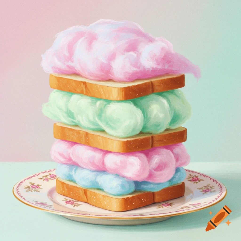 A whimsical sandwich layered with pink, green, and blue cotton candy, on a floral plate against a pastel background.