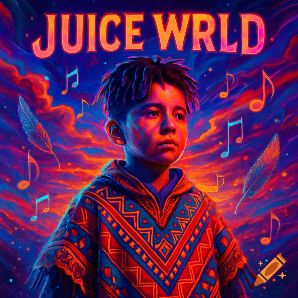 Vibrant portrait of a boy in a colorful poncho with musical notes and feathers, under a neon sky. Text reads 'JUICE WRLD'.
