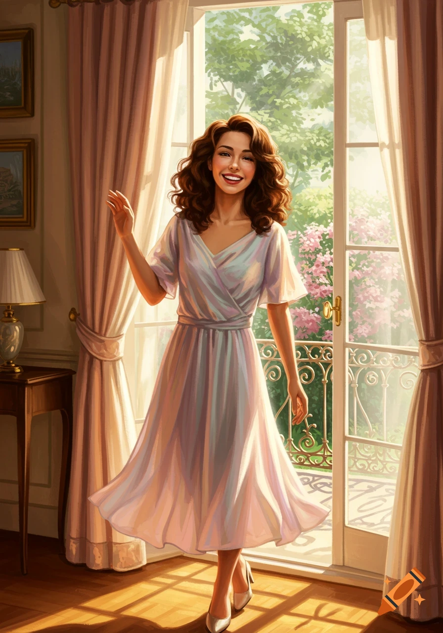 A smiling woman in a light dress stands in a sunlit room, with an open door leading to a lush garden.