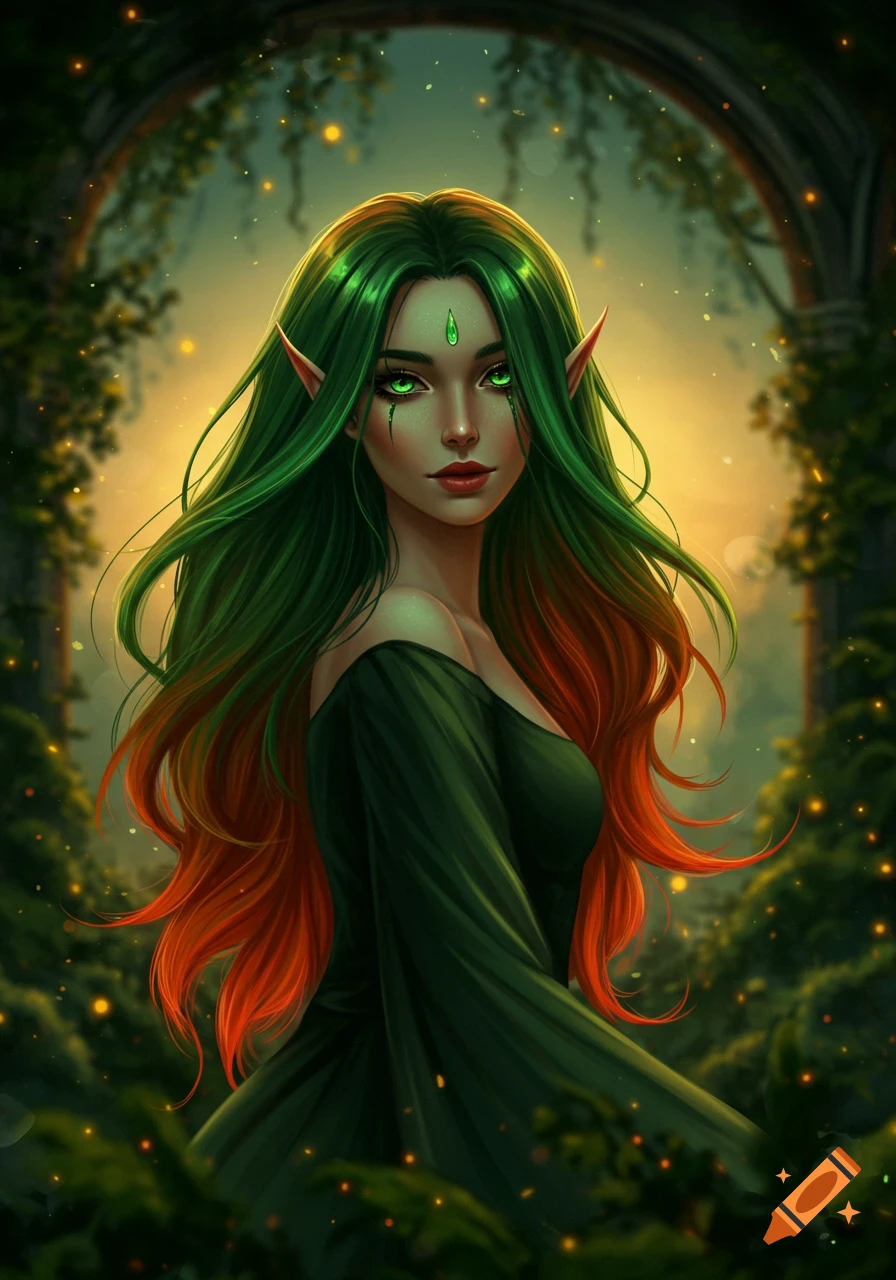 A portrait of an elf woman with long green and orange hair, glowing green eyes, and pointed ears, set against a magical forest background.