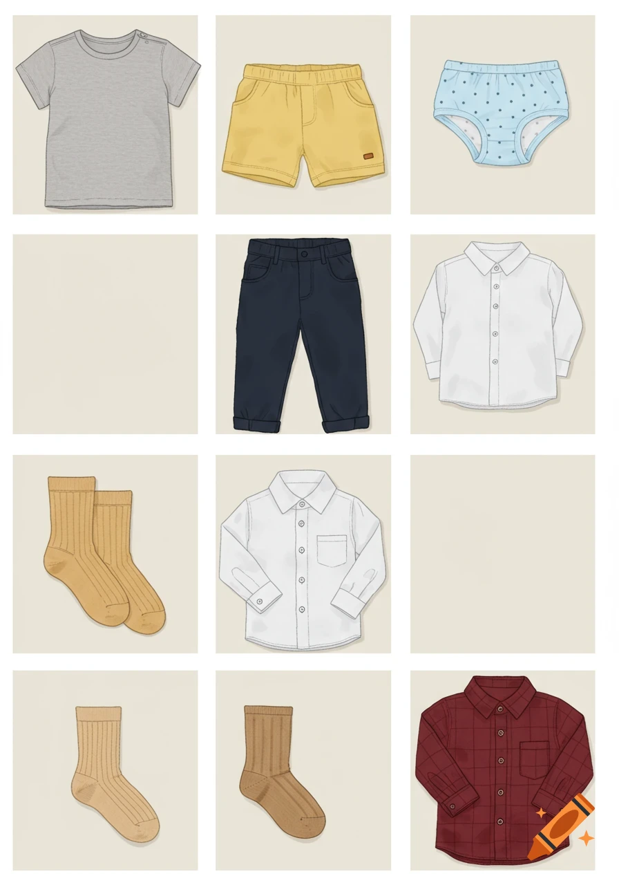 A grid of children's clothing items including a grey t-shirt, yellow shorts, blue underwear, dark blue pants, white long-sleeve shirts, and various socks.