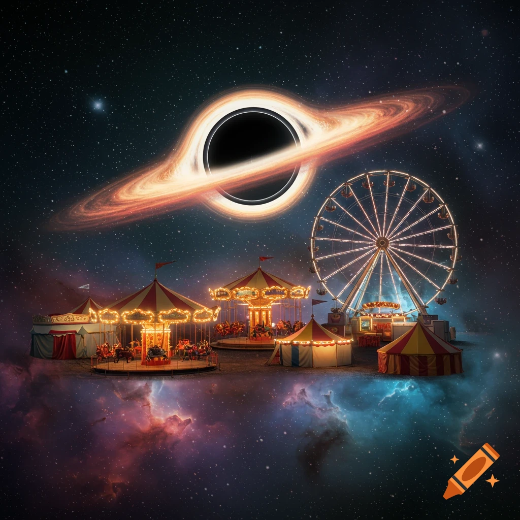 A vibrant carnival with carousels, tents, and a ferris wheel floating in space under a large black hole with an accretion disk and a starry sky with colorful nebulae.