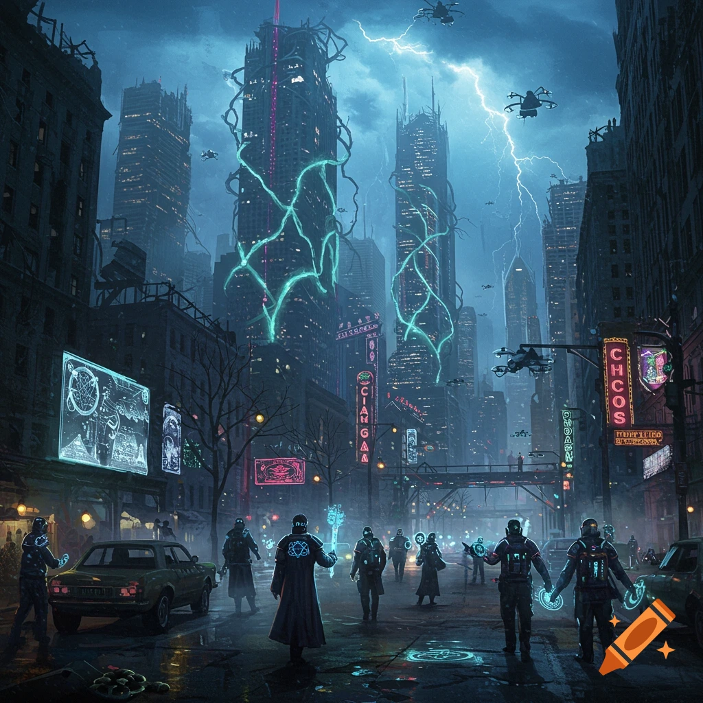 A dark, dystopian urban fantasy cityscape at night with glowing blue energy, futuristic drones, and figures with glowing symbols.