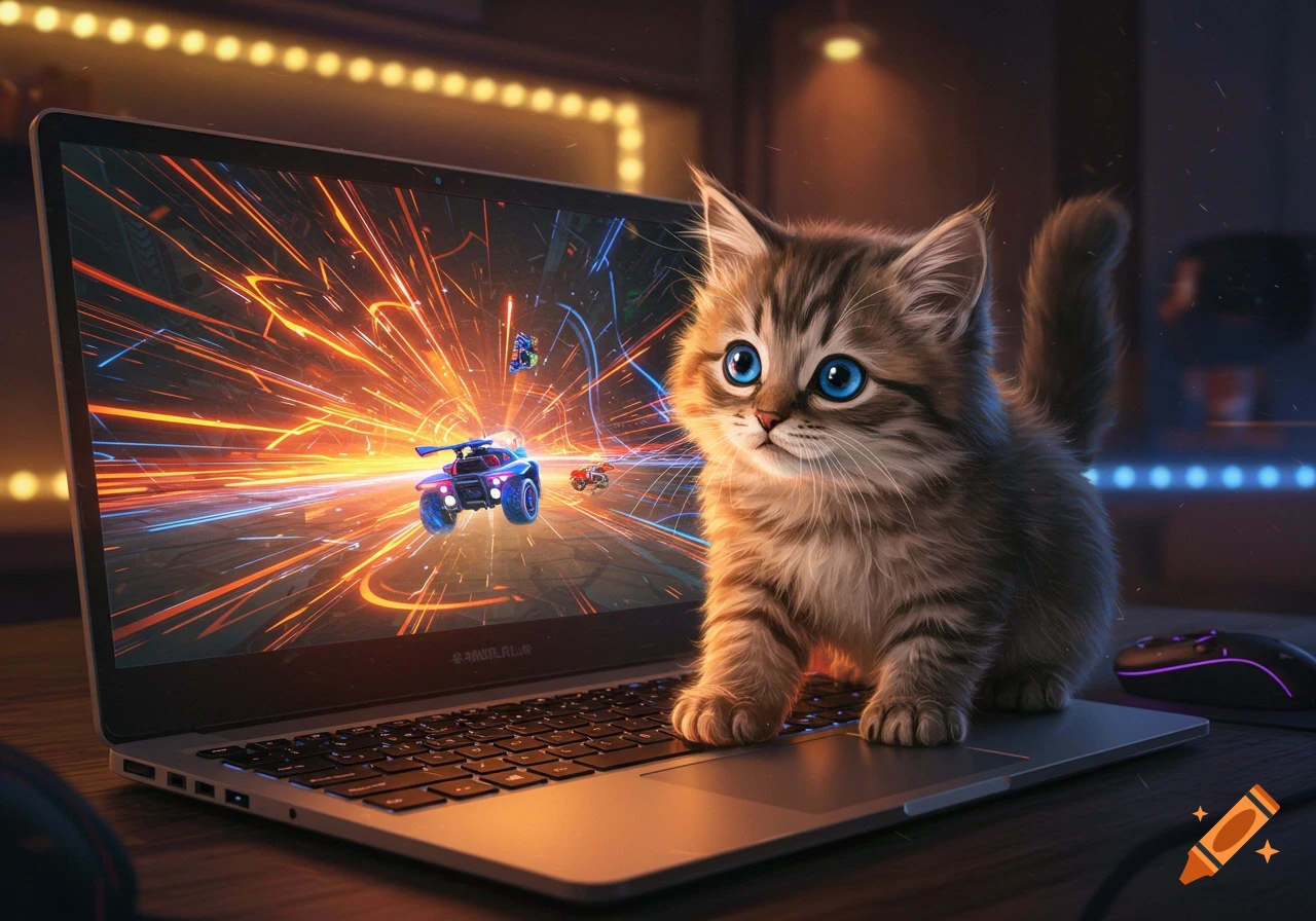 A fluffy kitten with blue eyes sits on a laptop showing a vibrant Rocket League game with speeding cars and light trails.