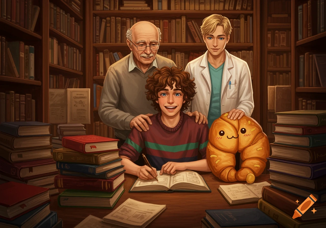 An illustration of a young man smiling and writing in an open book at a library desk, surrounded by stacks of books. An older man and a younger man stand behind him, and a smiling croissant plushie sits on the desk.