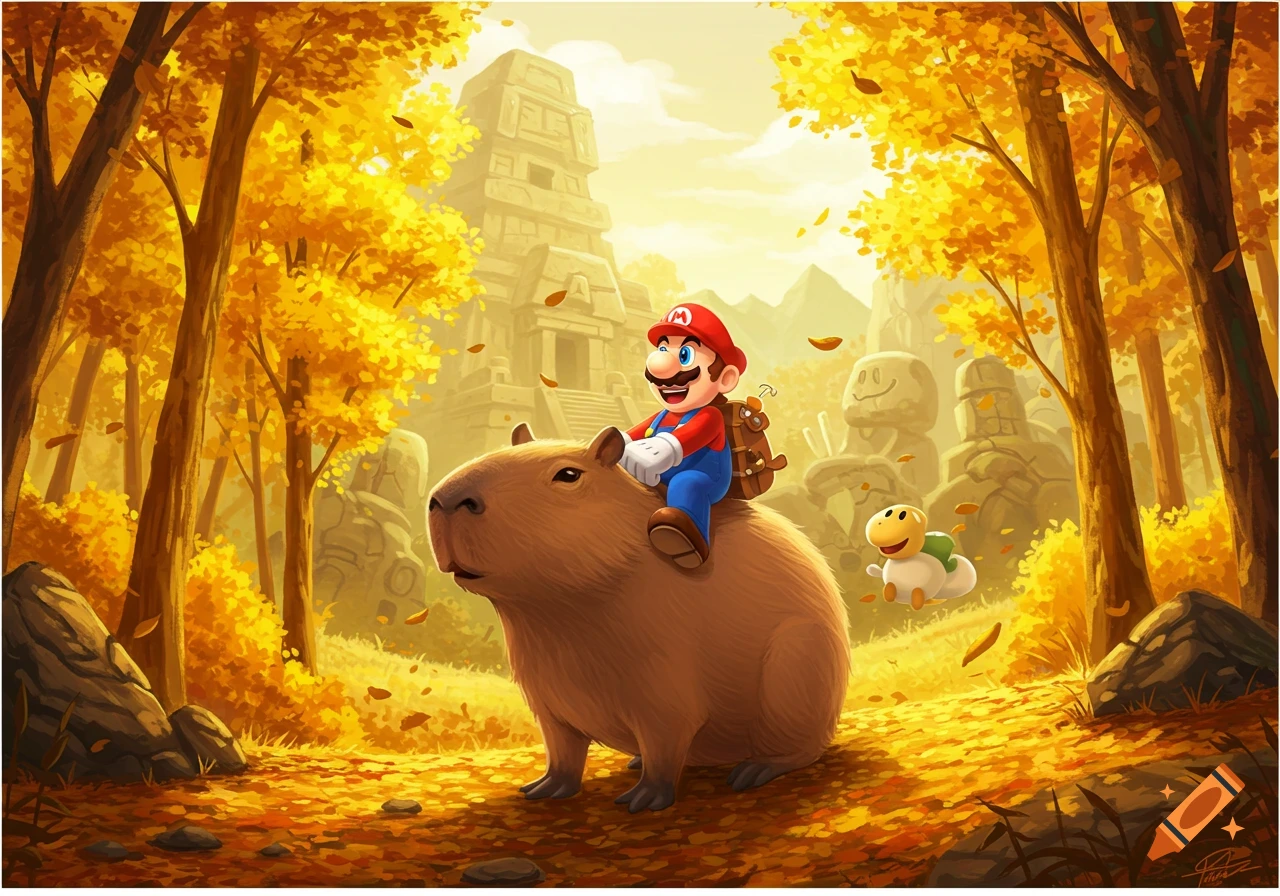 Mario happily rides a capybara through a vibrant autumn forest with ancient ruins in the background, accompanied by a small Koopa Troopa.
