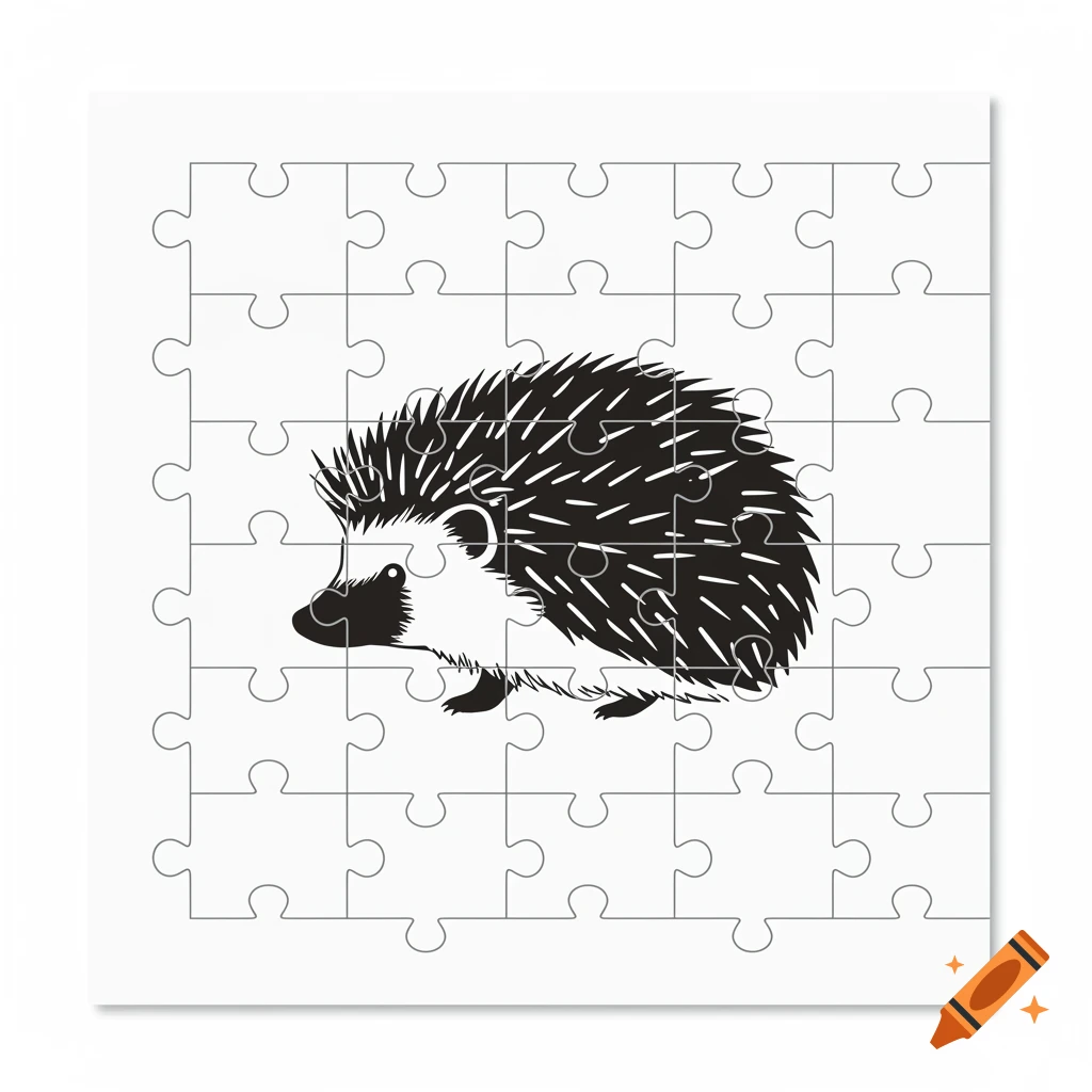 A simple black and white illustration of a hedgehog centered on a white jigsaw puzzle grid with 25 pieces.