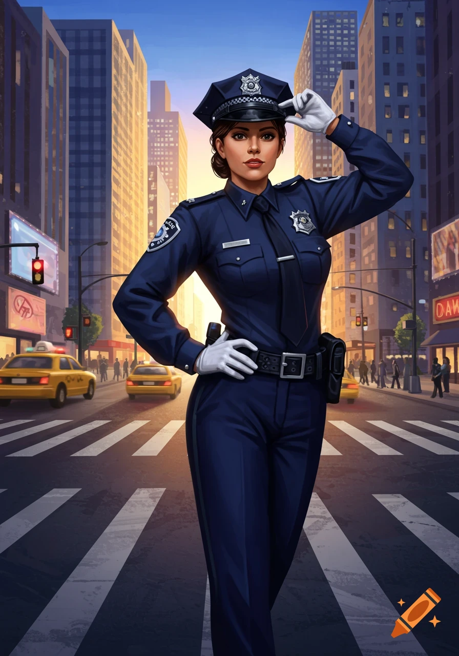 A female police officer in a dark blue uniform stands on a city street at sunset, with taxis and tall buildings in the background.