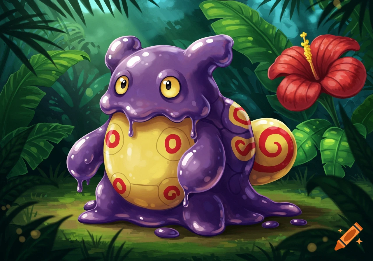 A purple, slimy creature with a yellow shell and red markings stands in a lush green jungle.