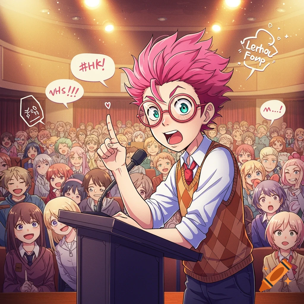An anime character with pink spiky hair and glasses speaks at a podium to a large audience in an auditorium.