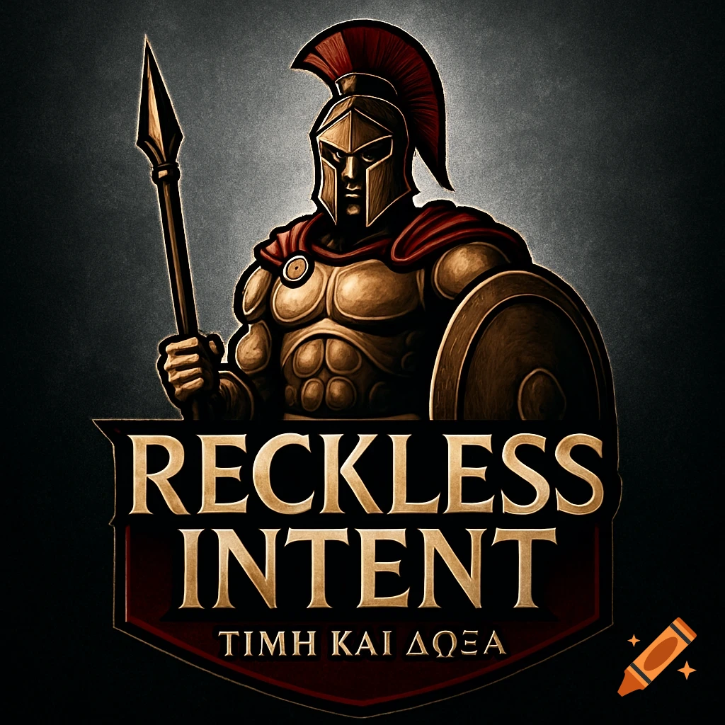 A gold and red guild logo features a stylized Spartan warrior in bronze armor holding a spear and shield, positioned above the text 'RECKLESS INTENT' and 'TIMH KAI ΔΩΞΑ'.