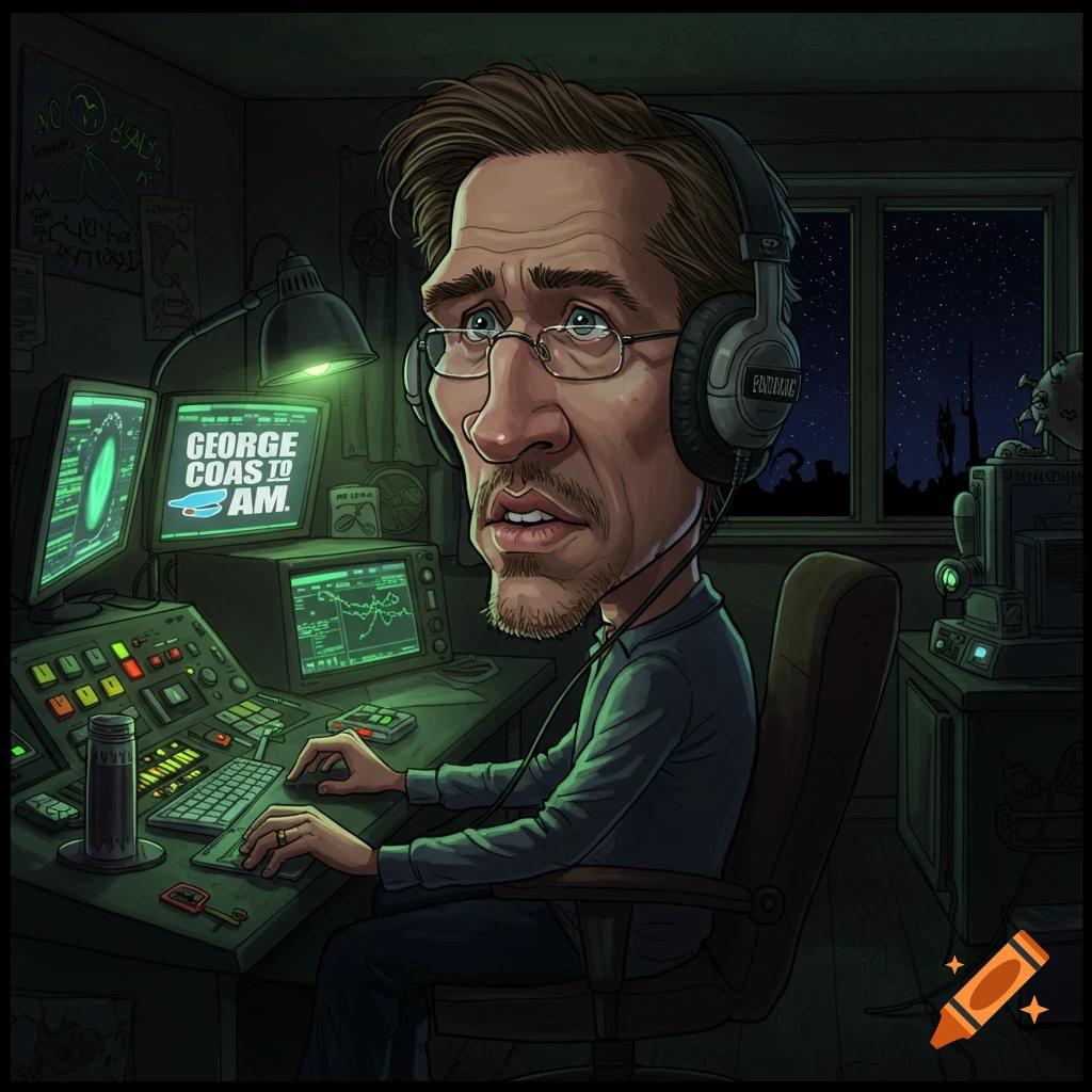 Caricature of a man with glasses and headphones, sitting at a control room desk with multiple green-lit monitors in a dark room at night.