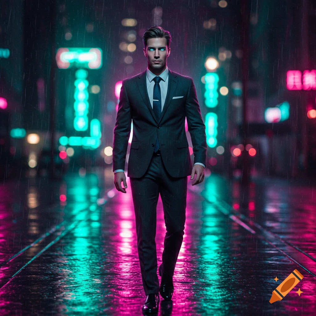 A man with glowing blue eyes walks down a rainy city street at night, illuminated by vibrant neon pink and teal lights.